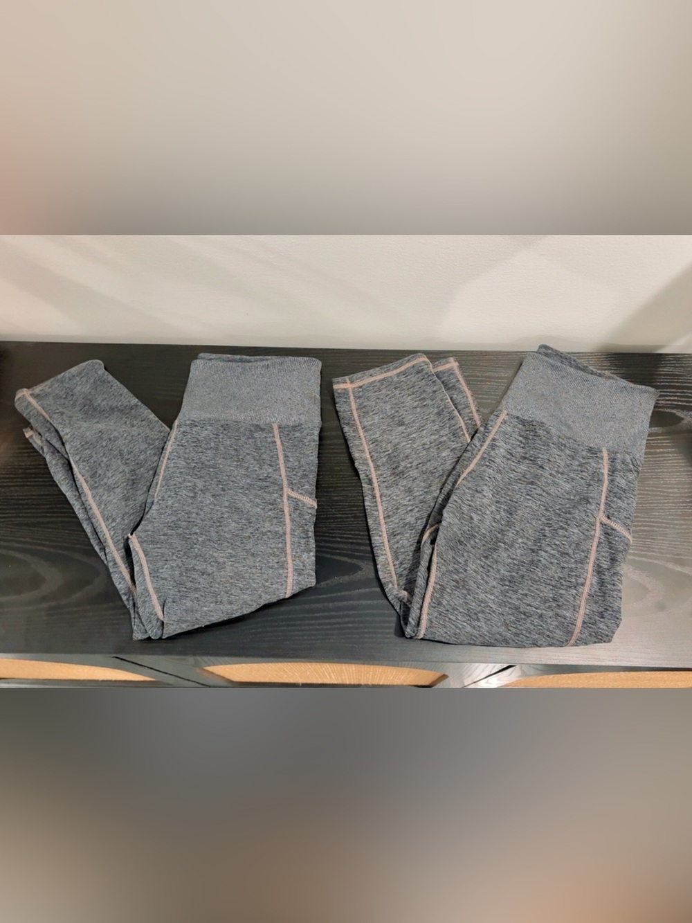 Kirkland Signature Heather Gray Leggings with Light Pink Seam Detailing set of 2